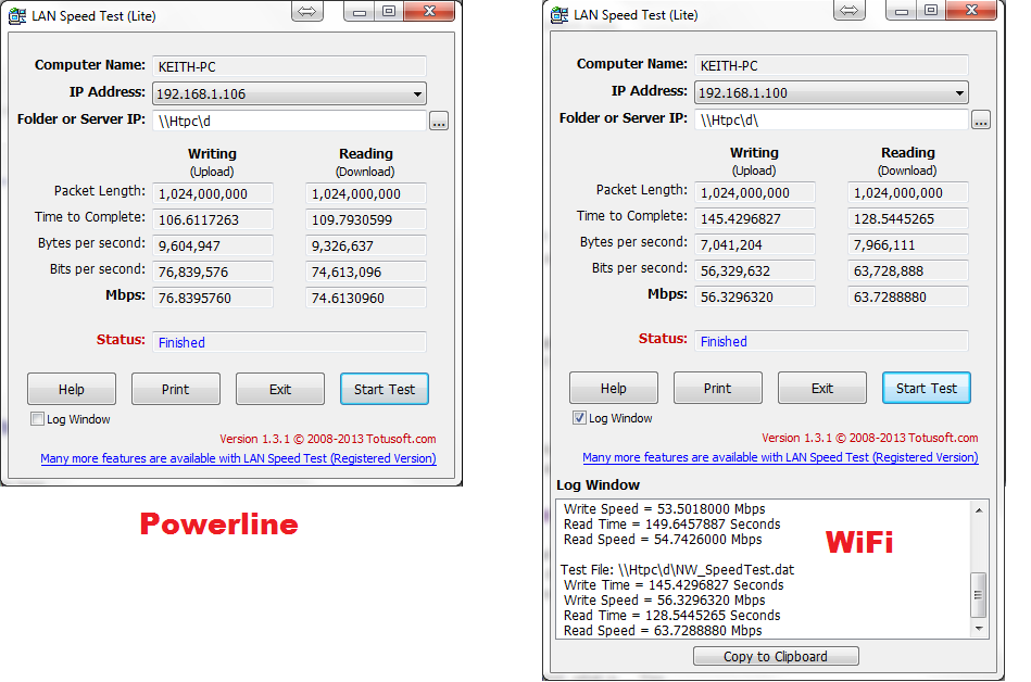 Powerline vs. WiFi 100ft