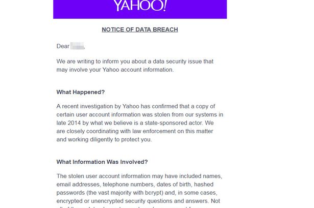 Yahoo Breach Notification